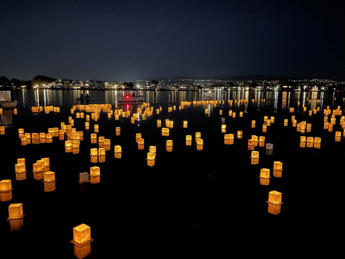 Lanterns floating on water at an evening event
