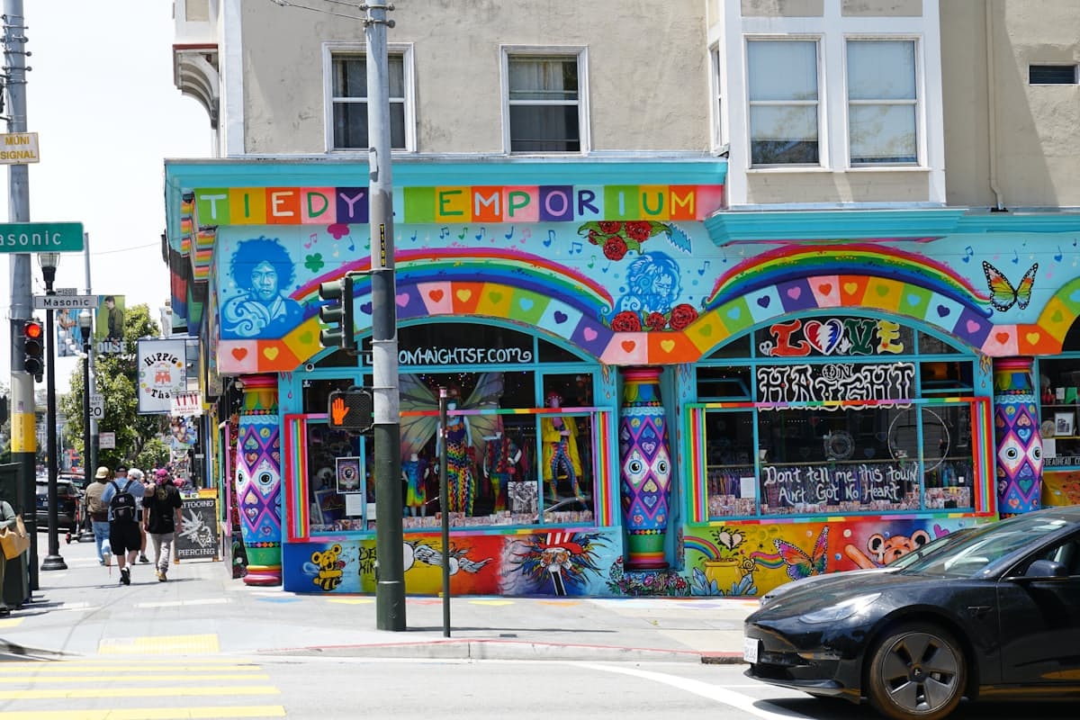 Colorful psychedelic storefront on Haight Street, San Francisco, echoing the 1960s counterculture era