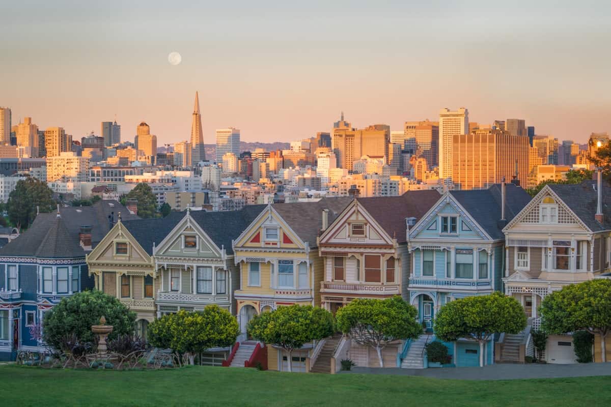Pastel row houses in a residential San Francisco neighborhood