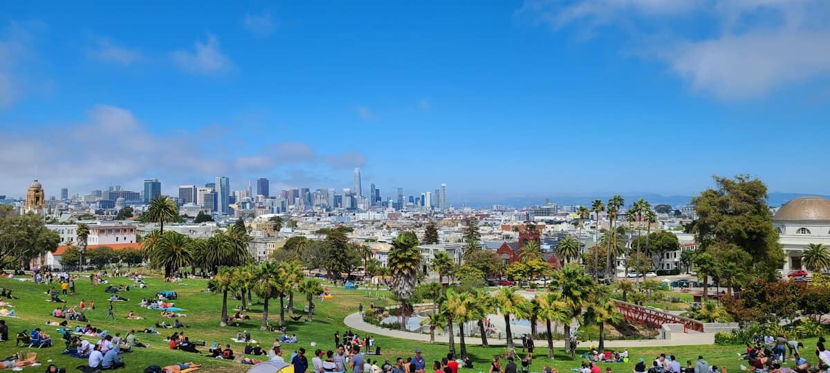 People walking through a San Francisco park near downtown