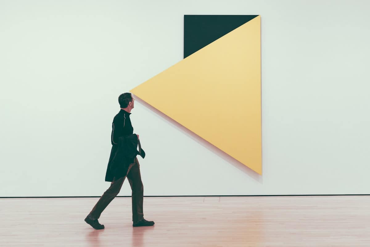 Visitor viewing modern art in a San Francisco museum gallery