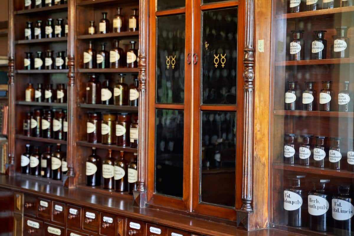 Vintage apothecary shelves, a nod to San Francisco's compassion club era